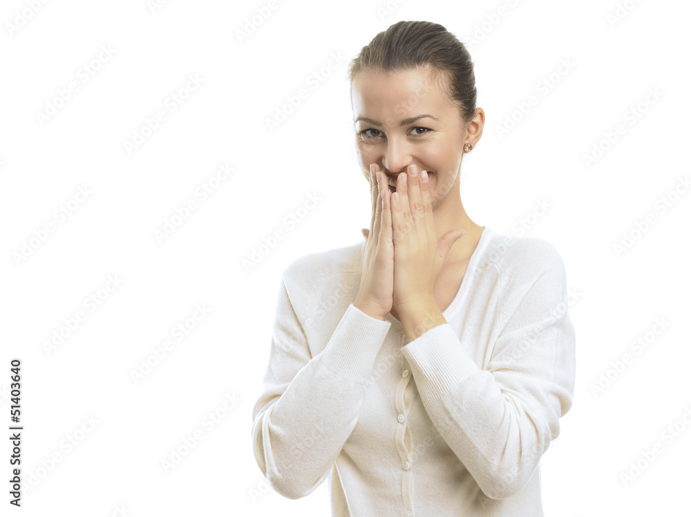Young woman looking surprised against white background Young woman looking surprised against white background