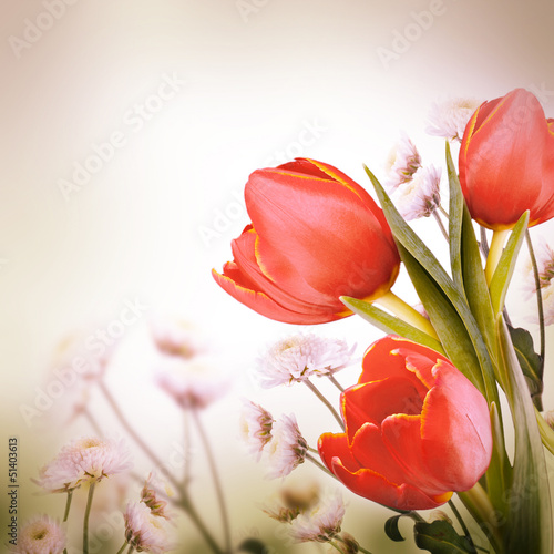 Fototapeta Naklejka Na Ścianę i Meble -  Bouquet of red tulips against a dark background