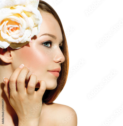 Beauty Girl. Beautiful Model with Rose Flower