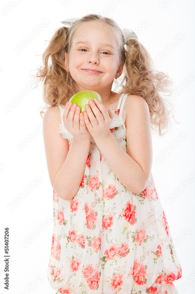 Small and beautiful girl with green apple Small and beautiful girl with green apple