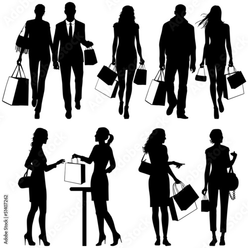 several people, shopping - vector silhouettes