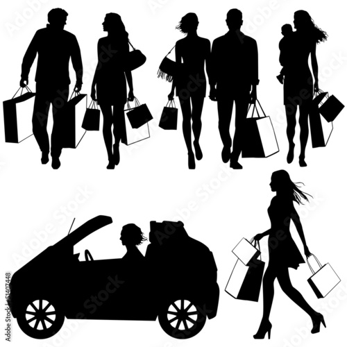 several people, shopping - vector silhouettes