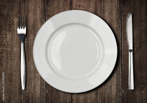 white plate, knife and fork...
