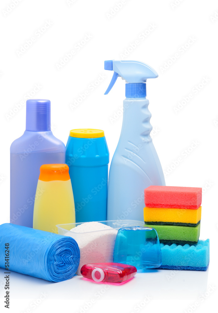 Cleaning supplies, sponges, cleaning powder and garbage bags Cleaning supplies, sponges, cleaning powder and garbage bags