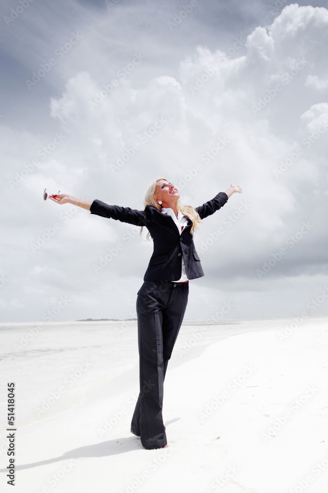 happy business woman on the ocean coast happy business woman on the ocean coast