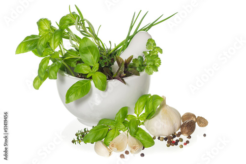 Herbs and spices in mortar