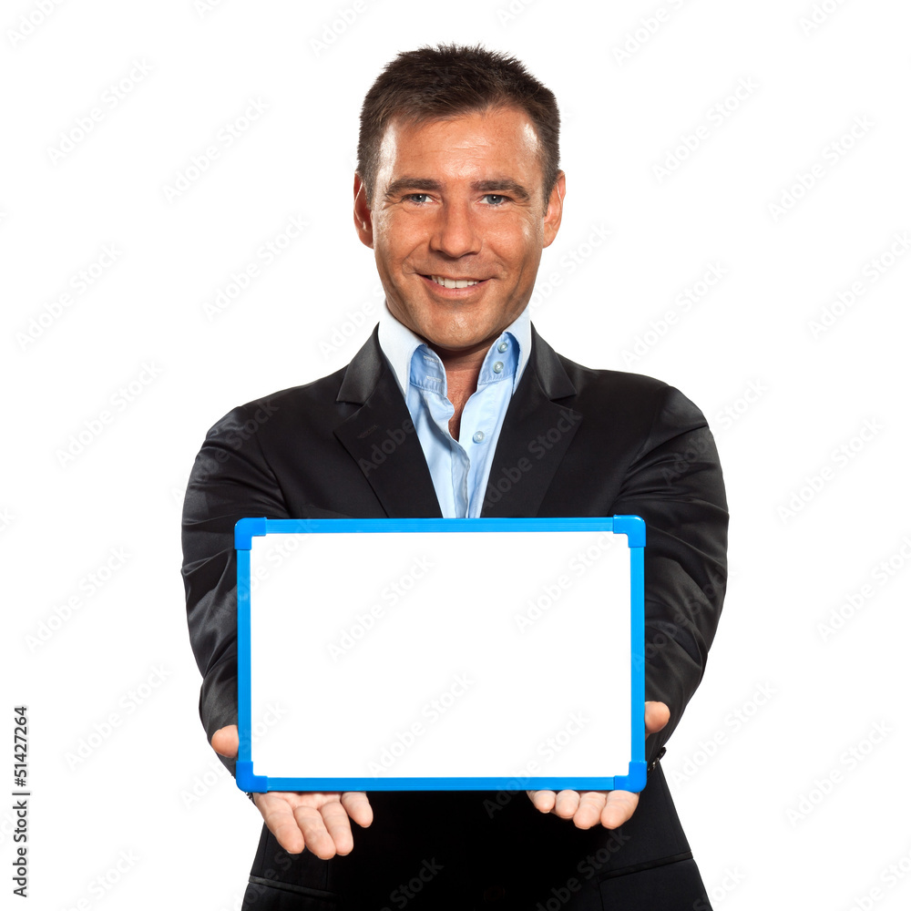 one business man holding showing whiteboard one business man holding showing whiteboard
