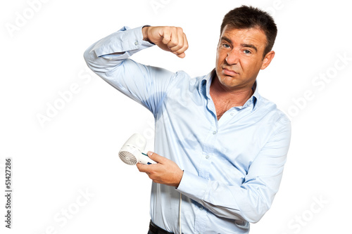 one man sweat stain perspire drying shirt