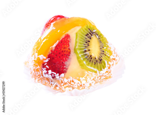 Tasty tart with fruits strawberry  peach  kiwi  white background