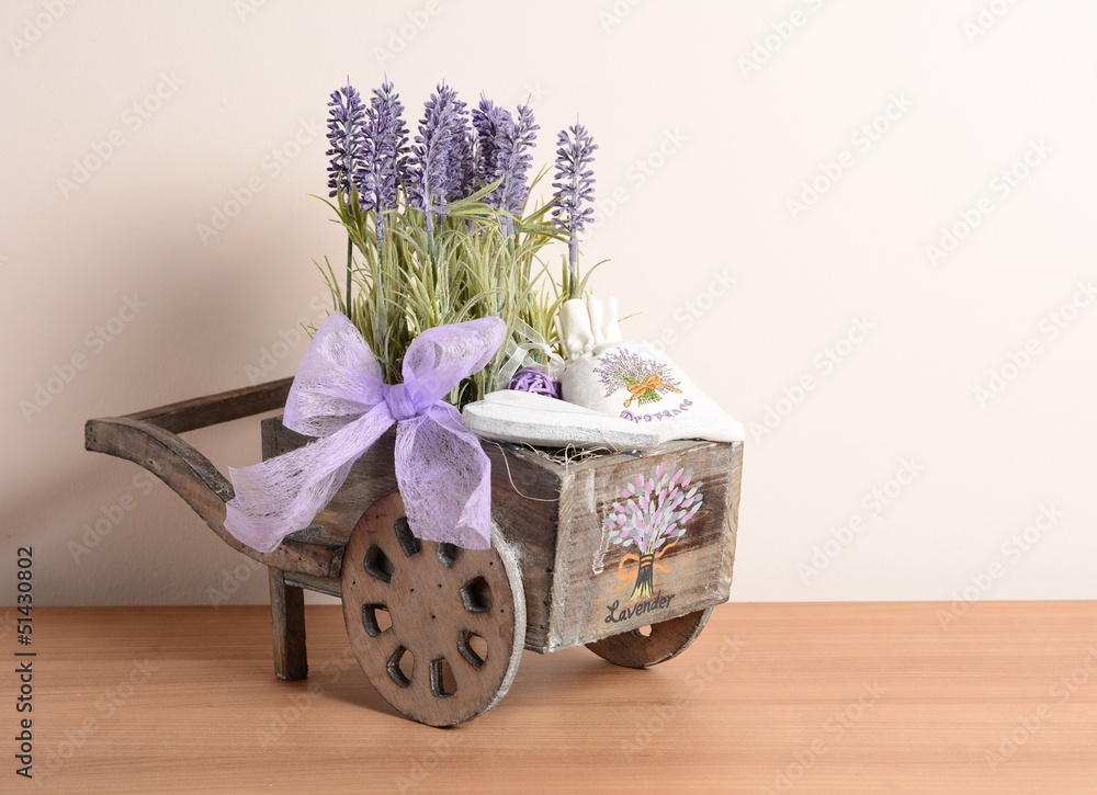 Interior decoration, decorative wooden cart with Lavender. - obrazy, fototapety, plakaty 