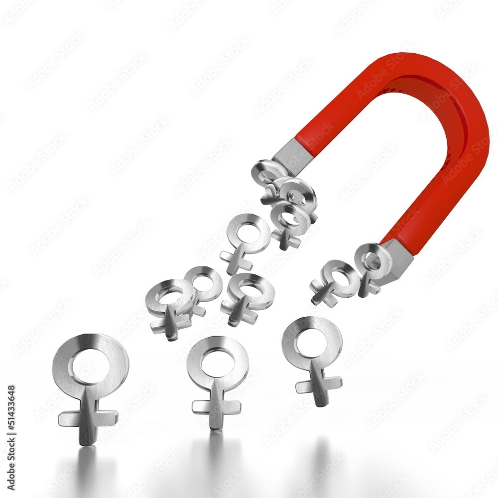 3d graphic of a isolated woman symbol attracted by an magnet 3d graphic of a isolated woman symbol attracted by an magnet