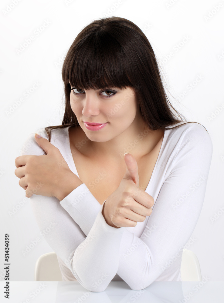 woman in home office showing his thumb, okay, sure, woman in home office showing his thumb, okay, sure,