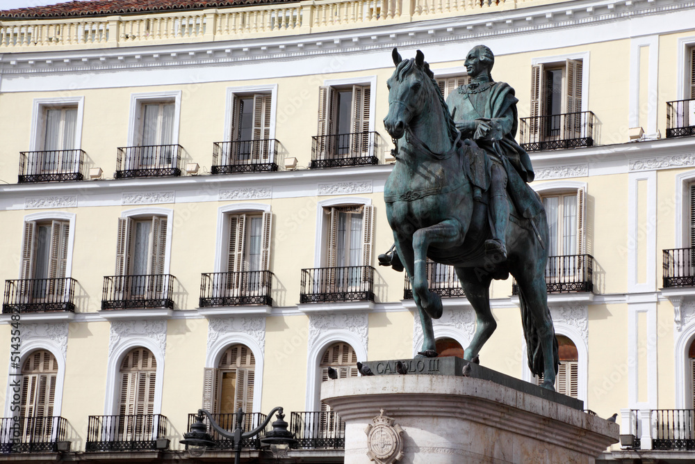 Puerta del Sol. Carlos III monument in Madrid, Spain.