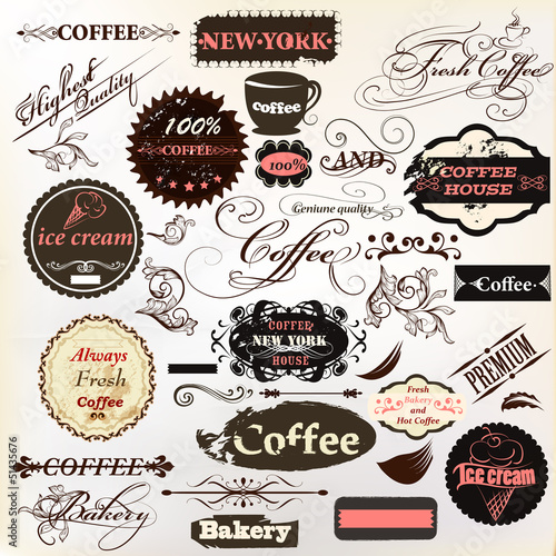 Calligraphic design elements and vintage labels for cafe design