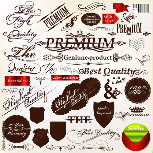 Set of vector calligraphic signatures, ribbons  and labels premi