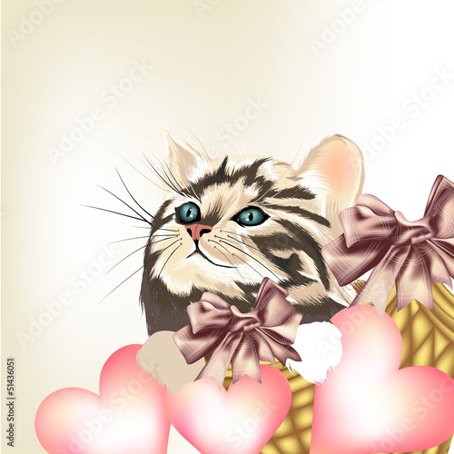 Valentine greeting card with little cat and pink hearts