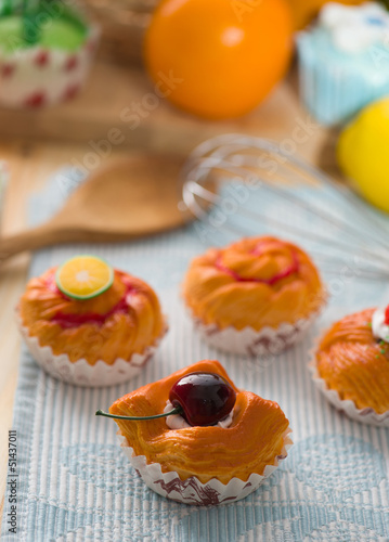 fruit tart bread mixture with wooden background of raw materials