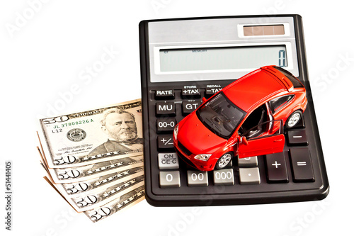 Toy car, calculator and money over white. Rent, buy or insurance