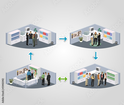 Template of a work process with business people in offices
