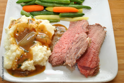 Rare Beef Dinner with Mashed Potatoes and Gravy