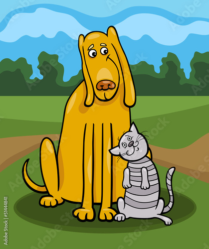 dog and cat in friendship cartoon illustration