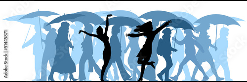Illustration of crowd moved unknown people in the rain.