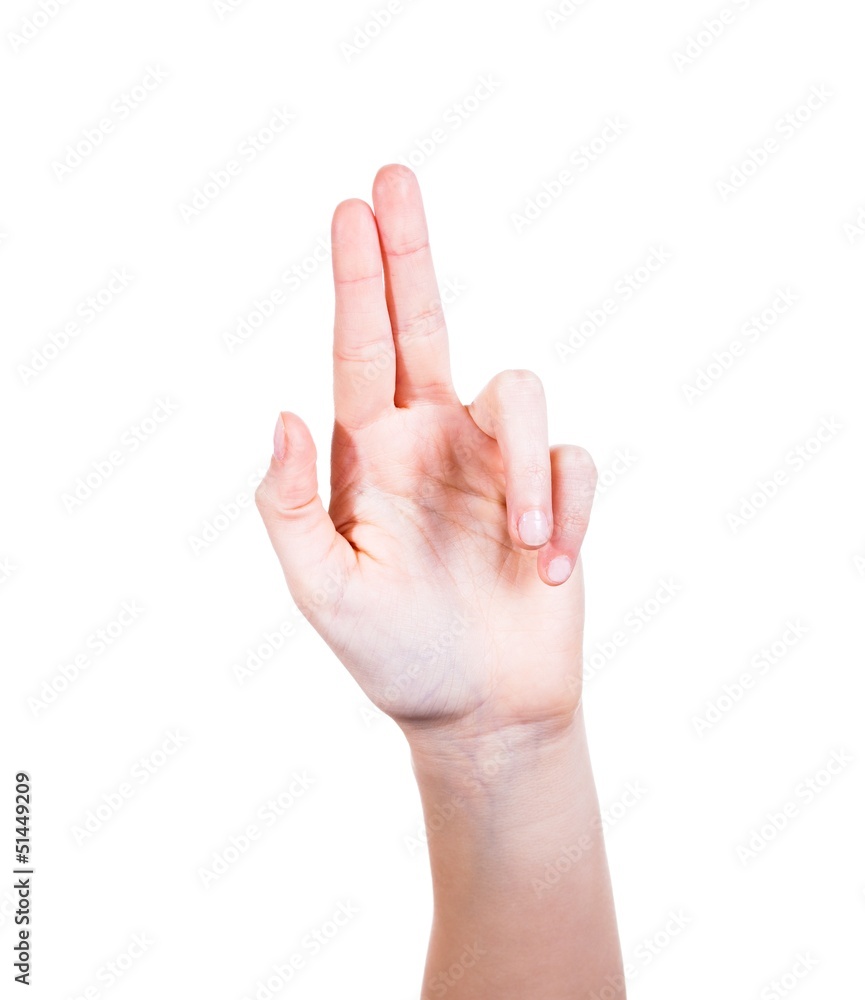 Woman's hand with two fingers, isolated white Woman's hand with two fingers, isolated white