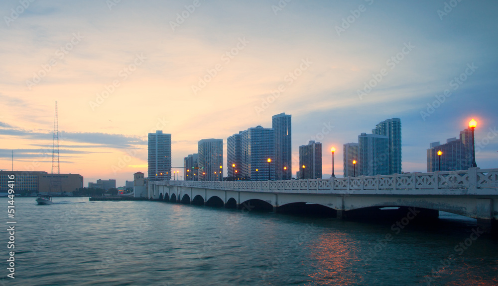 City of Miami Florida,  sunset panorama of downtown business and residential buildings and bridge