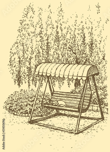 Vector landscape. Swing-bench near flower beds under willow
