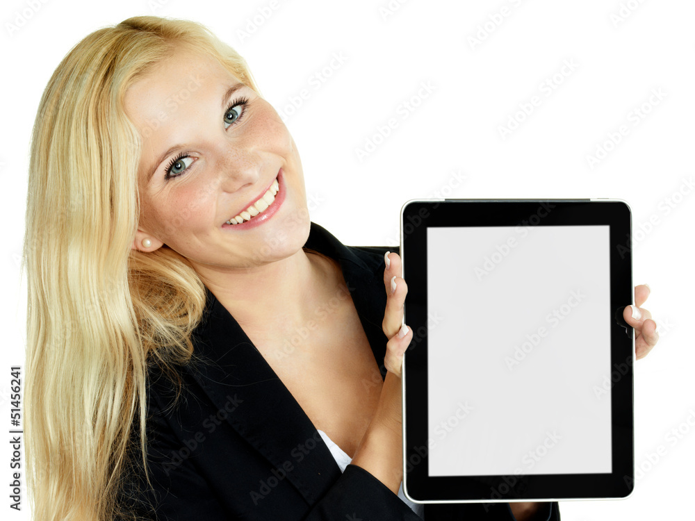 Business woman presenting her tablet pc with copyspace Business woman presenting her tablet pc with copyspace