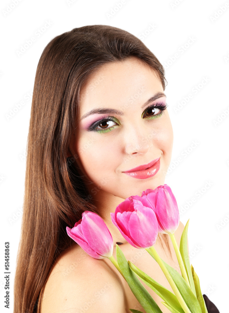 Young beautiful girl with tulips in her hand, isolated on white Young beautiful girl with tulips in her hand, isolated on white