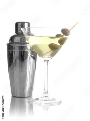 Martini glass with olives and shaker isolated on white