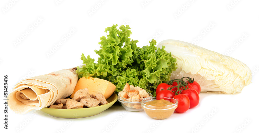 Ingredients for cooking kebab, isolated on white Ingredients for cooking kebab, isolated on white