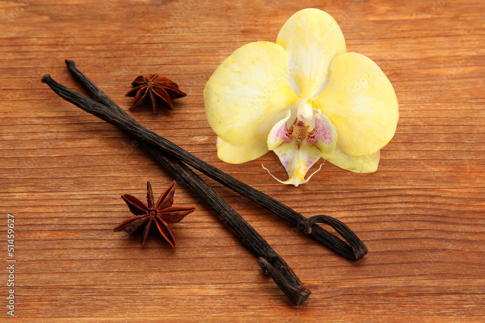 Vanilla pods and anise with flower, on brown wooden background Vanilla pods and anise with flower, on brown wooden background