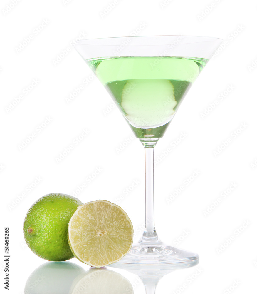 Green cocktail with lime isolated on white