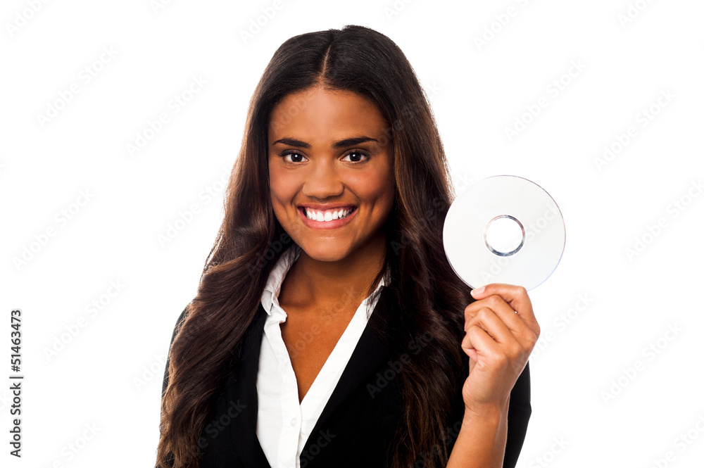 Attractive woman in formals holding CD Attractive woman in formals holding CD
