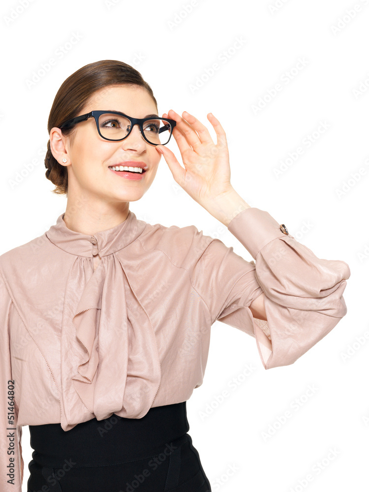 beautiful happy woman in glasses looking up beautiful happy woman in glasses looking up