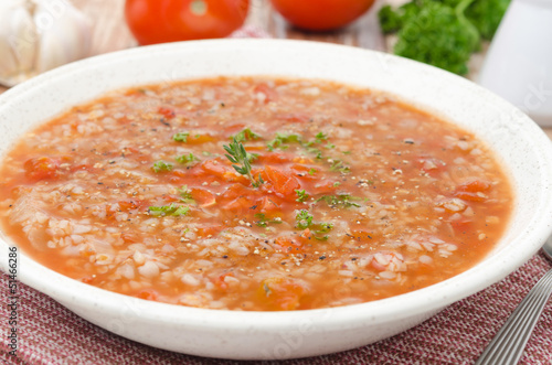 tomato soup with buckwheat groats horizontal closeup