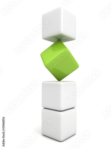 One individuality green cube in white stack tower