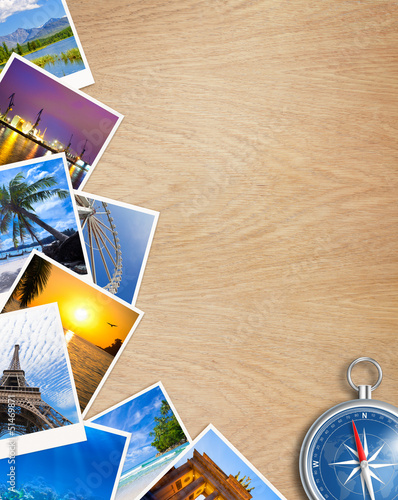 Photography Traveling photos collage with compass on wooden table