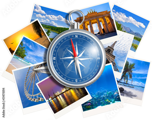 Canvas Print Traveling photos collage with compass isolated on white backgrou