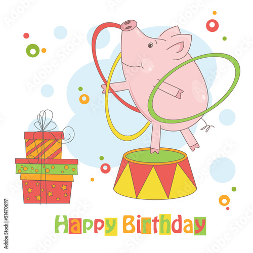 Cute little pig playing with hula hoop.