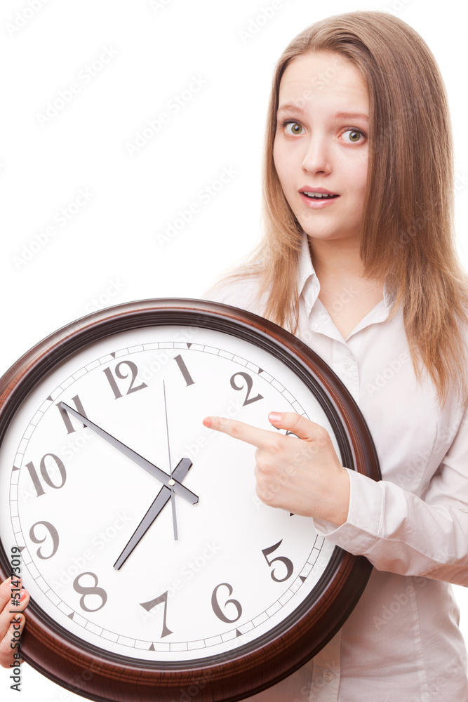 The girl with the clock, isolated on a white background The girl with the clock, isolated on a white background