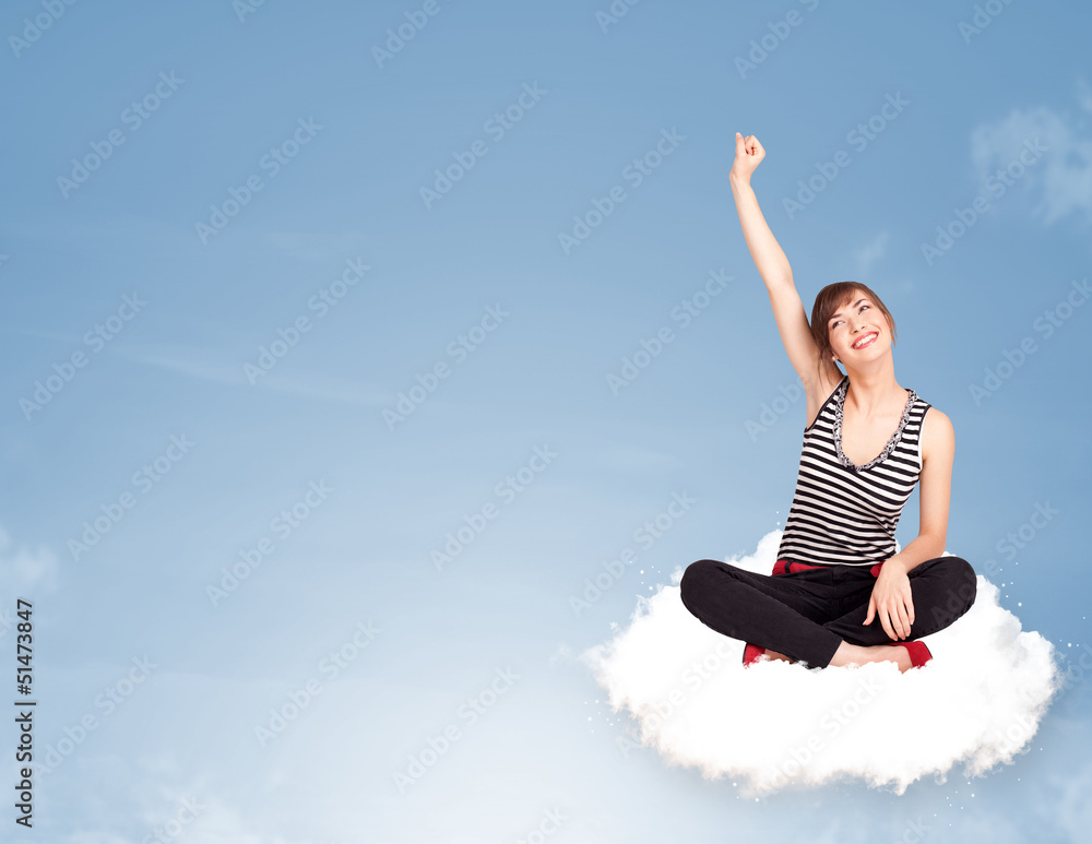 Young woman sitting on cloud with copy space Young woman sitting on cloud with copy space