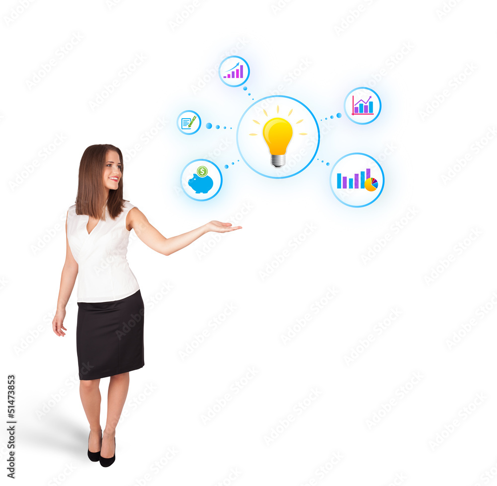 Young woman presenting light bulb with colorful graphs and diagr Young woman presenting light bulb with colorful graphs and diagr