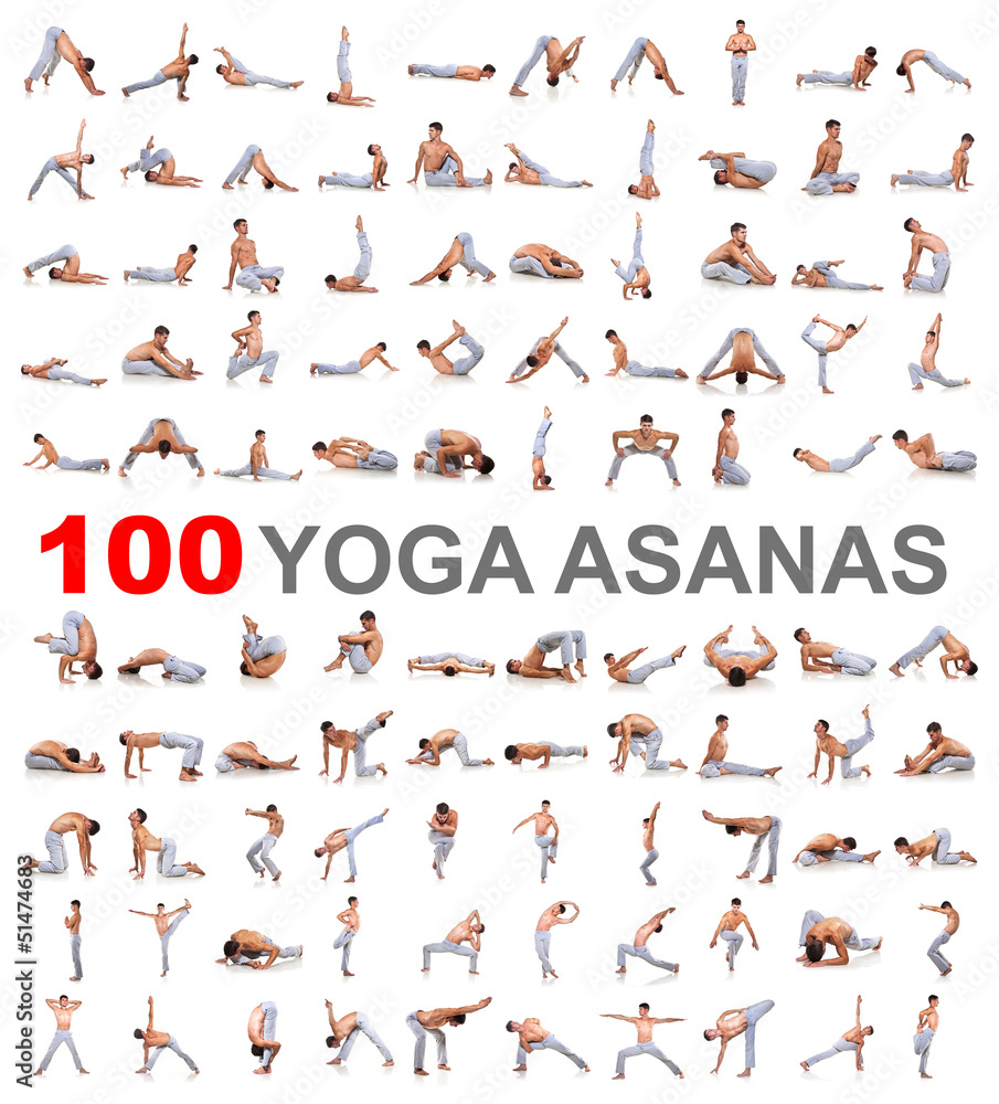 100 yoga poses on white background