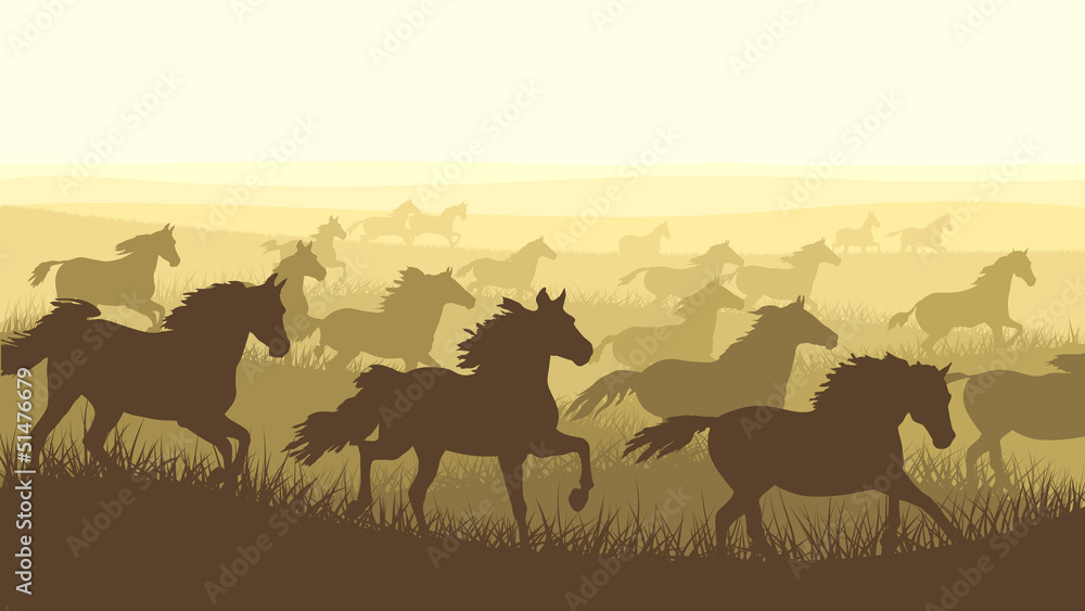 Fototapeta premium Horizontal illustration herd of horses.