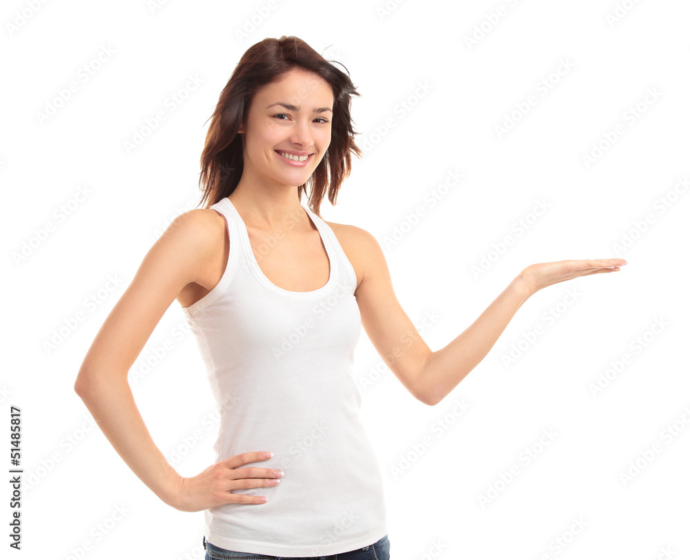 Very happy beautiful woman looking at your product Very happy beautiful woman looking at your product