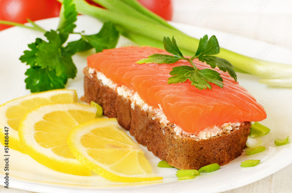 Sandwich with salmon, lemon slices and parsley Sandwich with salmon, lemon slices and parsley
