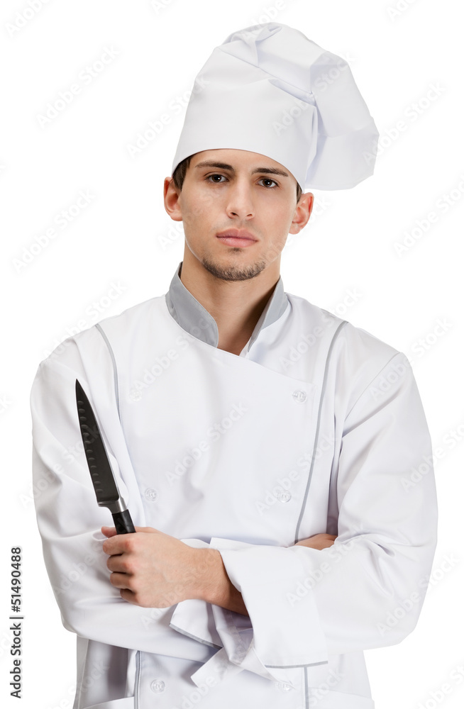Cook in uniform hands knife, isolated on white Cook in uniform hands knife, isolated on white